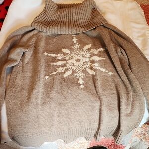 New York & Company Brown Cowl Neck Sweater with Snowflake Design
